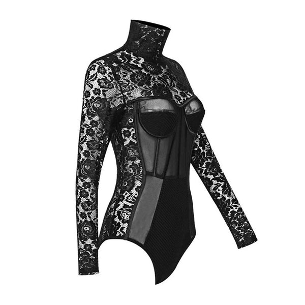 Sexy Mesh Panel High Neck Long Sleeve Floral Lace Corset Bodysuit