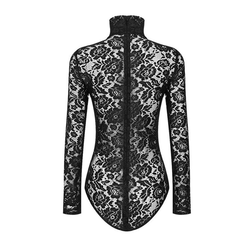 Sexy Mesh Panel High Neck Long Sleeve Floral Lace Corset Bodysuit