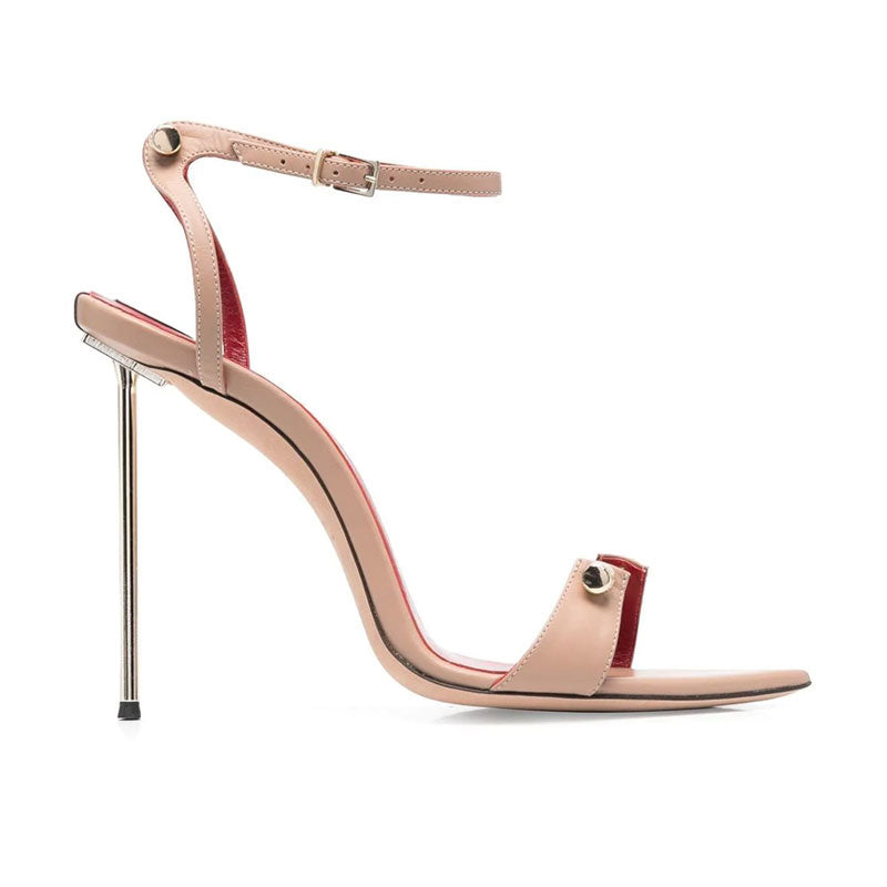 Sexy Metal Bar Detail Pointed Toe Ankle Strap Stiletto Sandals - Nude