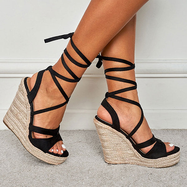 Sexy Open Toe Strappy Suede Lace Up Ankle Tie Wedge Espadrilles - Black