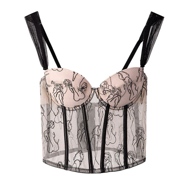 Sexy Portrait Embroidered Sweetheart Suspender Strap Mesh Cropped Corset Top