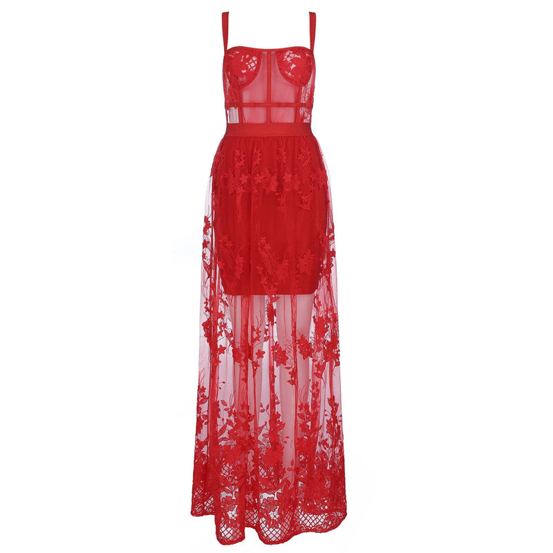 Sexy Sheer Mesh Floral Embroidered Bandage Maxi Dress - Red