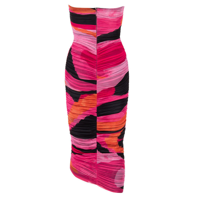 Sexy Tie Dye Ruched Strapless Bodycon Mesh Midi Party Dress - Rose
