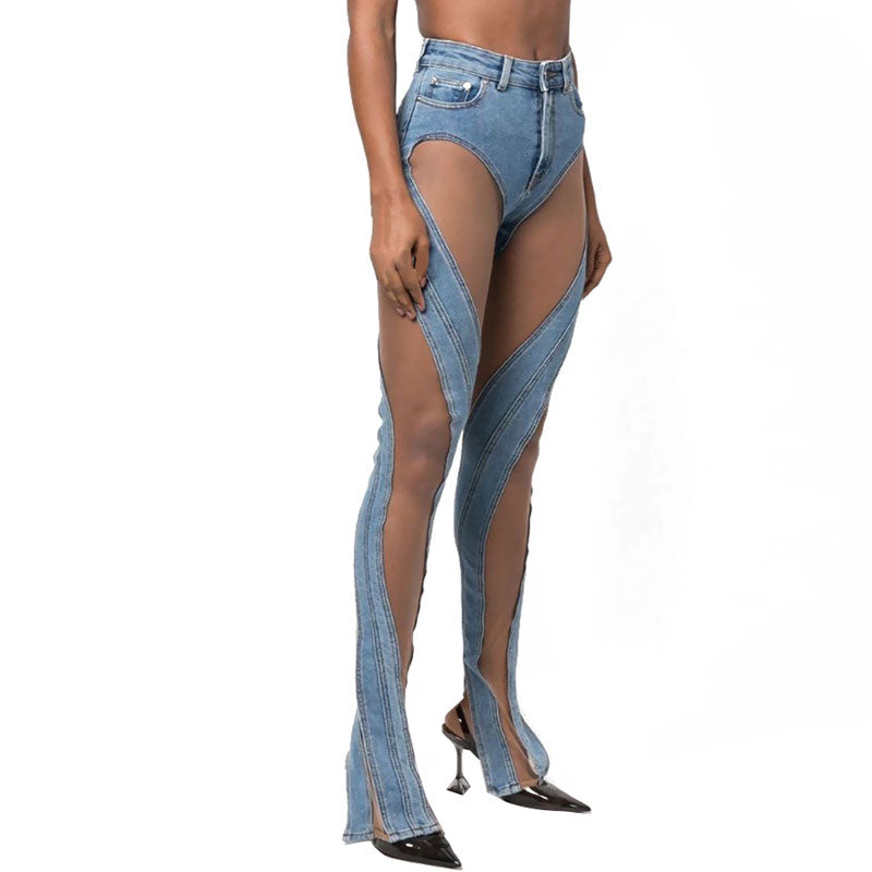 Sheer Mesh Panel Side Slit High Rise Skinny Spiral Jeans - Blue