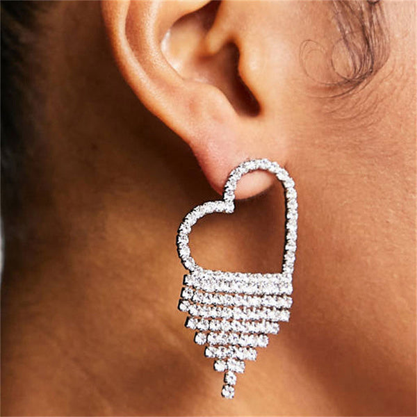 Rhinestone Heart Earrings In Silver