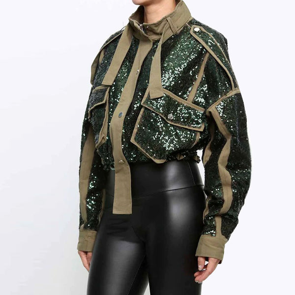 Shiny Sequin Strappy Stand Collar Drawstring Oversized Cropped Jacket - Green