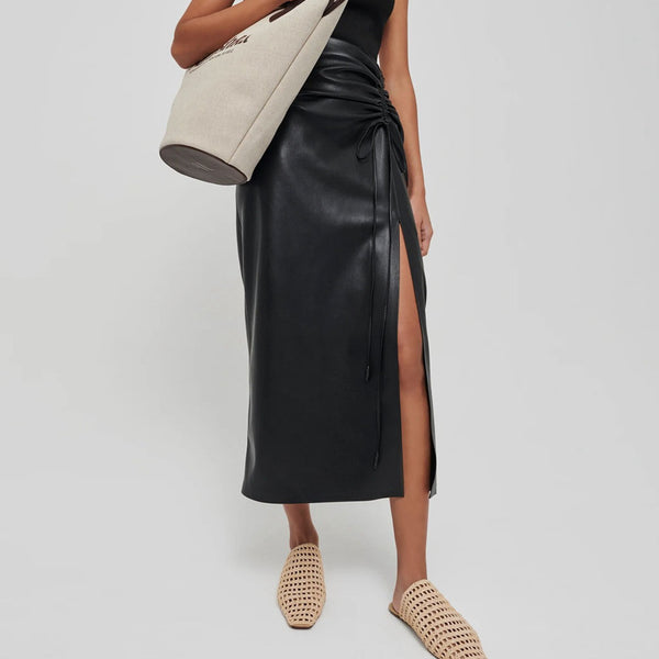 Sleek Drawstring Ruched High Waist Front Slit Vegan Leather Midi Skirt - Black
