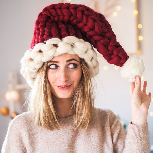 Slouchy Contrast Color Pom Pom Trim Crochet Santa Hat Burgundy