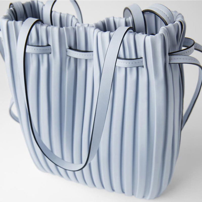 Slouchy Drawstring Gathered Pleated Bucket Bag - Light Blue