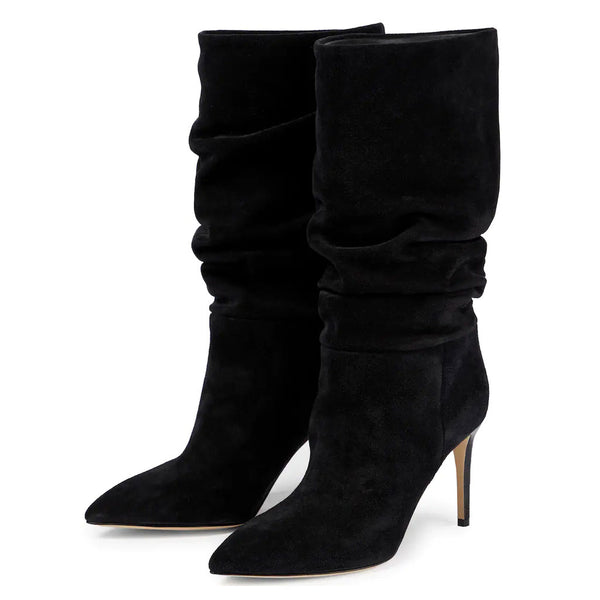 Slouchy Mid Calf Pointed Toe Stiletto Suede Boots Black Luxedress
