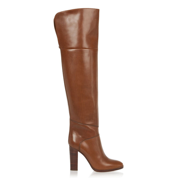 Slouchy Round Toe Block Heel Faux Leather Over Knee Boots - Brown