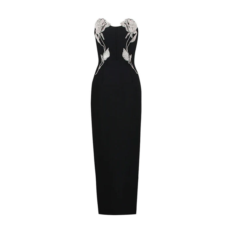 Sparkly Crystal Rose Embellished Side Slit Bodycon Maxi Dress - Black