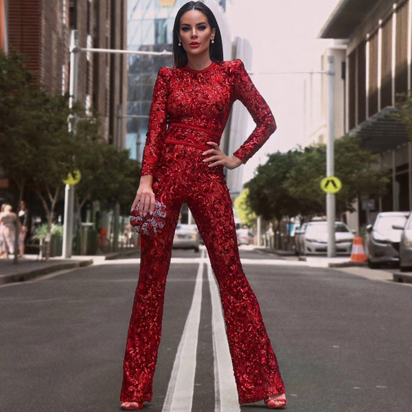 Sparkly Lace Embellished Long Sleeve Flare Sequin Bandage Jumpsuit