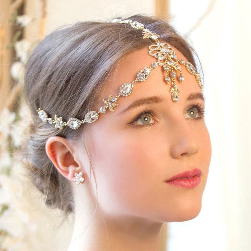 Sparkly Plated Crystal Embellished Bridal Head Chain - Gold