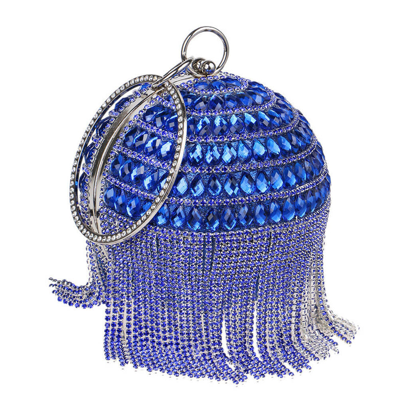 Sparkly Rhinestone Beaded Fringe Round Evening Clutch Bag - Blue
