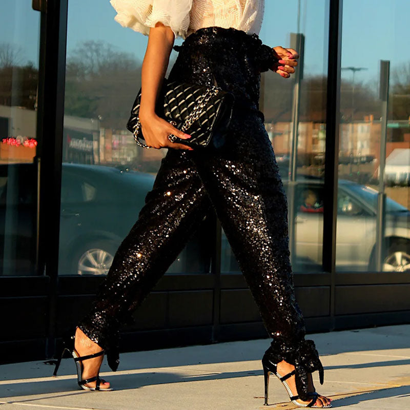 Sparkly Sequin Belted High Waist Ankle Tie Pants - Black