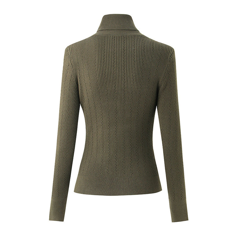 Stylish Button Detail Shoulder Pad Turtleneck Long Sleeve Cable Ribbed Knit Top