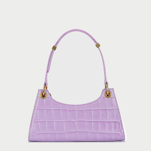 Stylish Crocodile Embossed Metal Chain Baguette Shoulder Bag - Purple