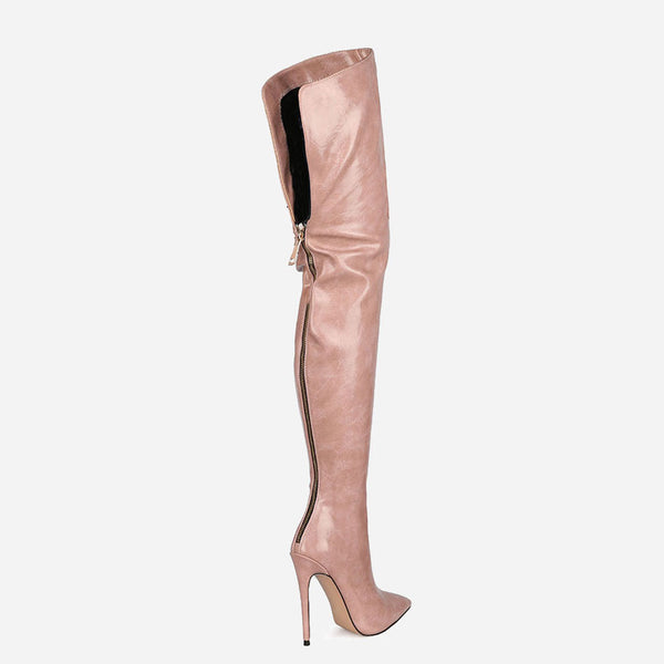 Stylish Pointed Toe Faux Leather Over Knee Stiletto Boots - Taupe Pink