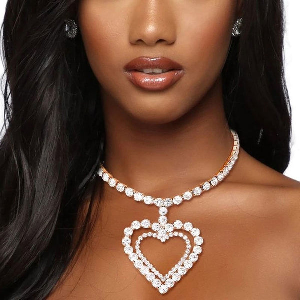Sweet Double Heart Pendant Crystal Embellished Collar Necklace - Silver
