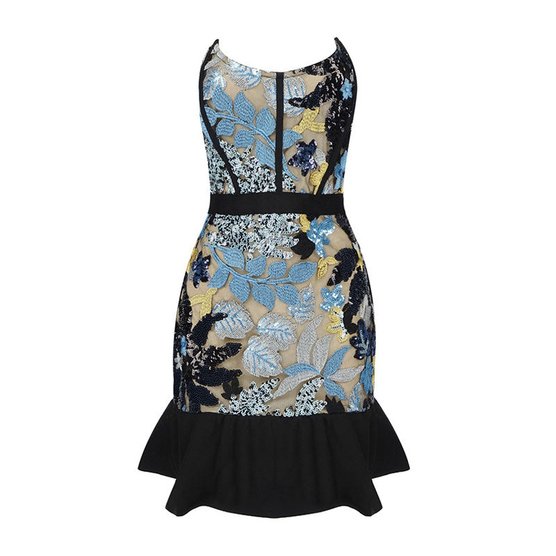 Sweetheart Ruffle Strapless Sequin Embroidered Bodycon Mini Dress - Blue
