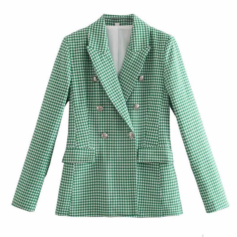Trendy Gingham Long Sleeve Button Front Lapel Collar Blazer - Green