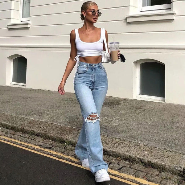 Trendy High Waist Wide Leg Ripped Boyfriend Jeans - Light Blue – Luxedress