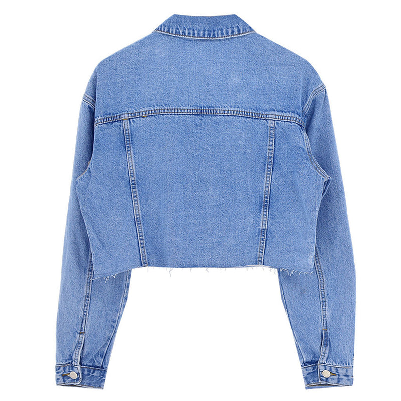 Trendy Raw Trim Long Sleeve Single Breasted Crop Denim Jacket - Blue