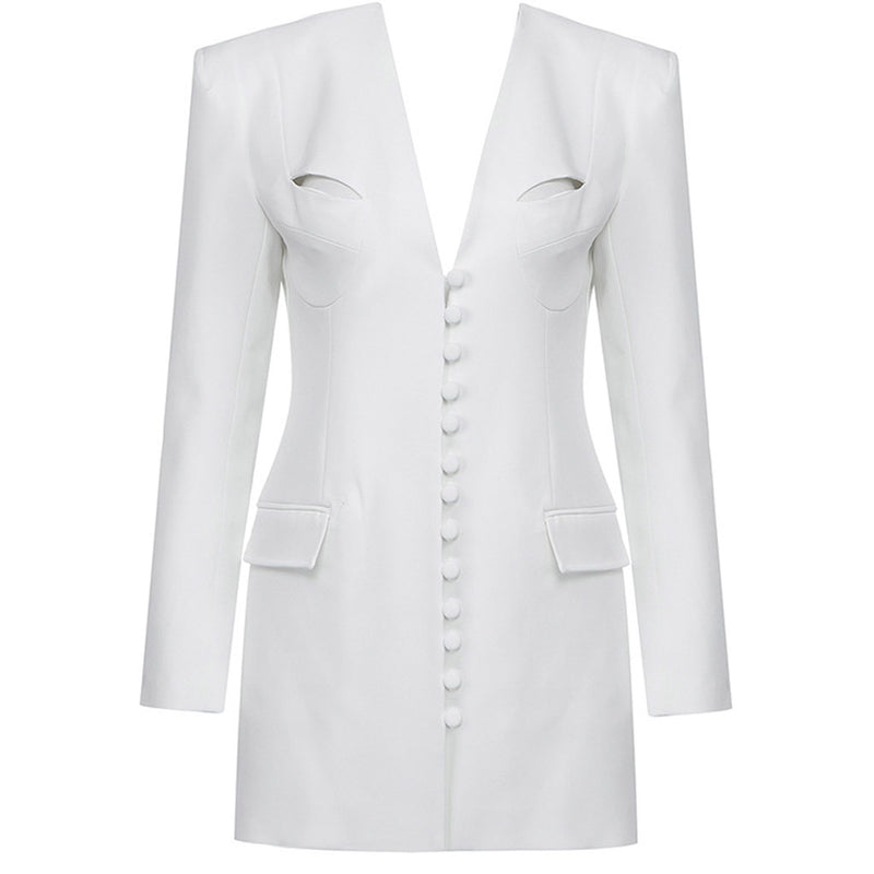 Unique Cutout Long Sleeve Button Down Mini Blazer Dress - White