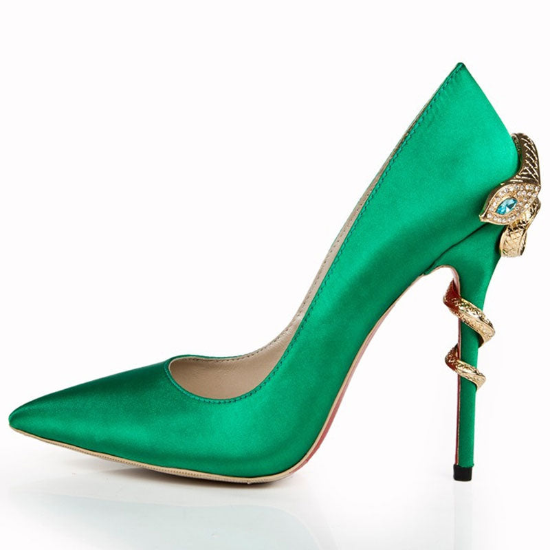 Unique Snake Embellished High Heel Satin Pumps - Emerald Green