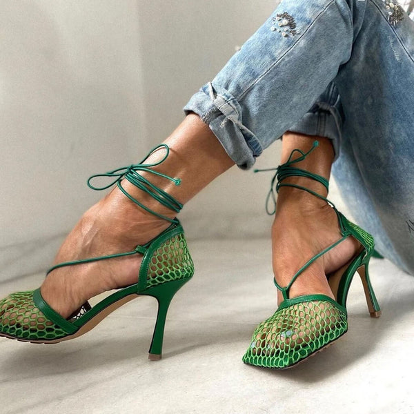 Unique Square Toe Mesh Net High Heel Pumps Emerald Green Luxedress