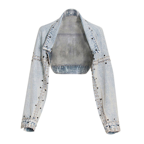 Vintage Collared Drop Shoulder Long Sleeve Stud Embellished Denim Bolero Jacket