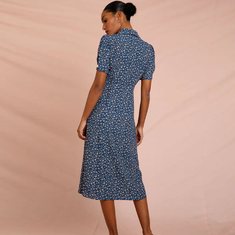 Vintage Floral Print Collared Button Up Short Sleeve Midi Dress - Blue