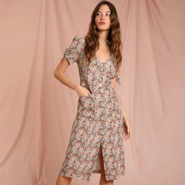 Vintage Floral Print V Neck Button Up Bow Tie Puff Sleeve Midi