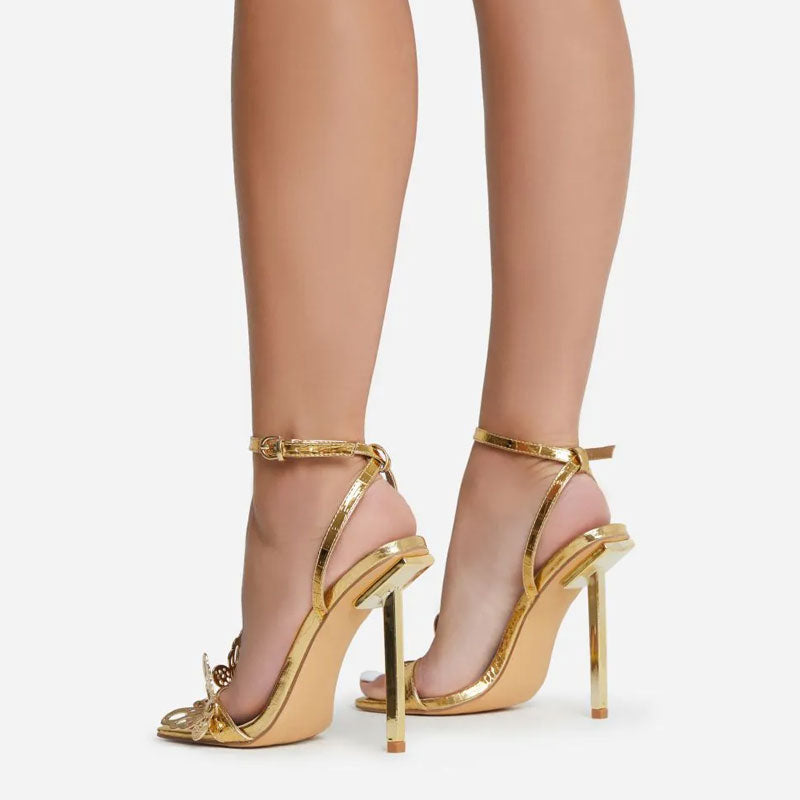 Vivid Butterfly Detail Square Toe Ankle Strap Stiletto Sandals - Gold