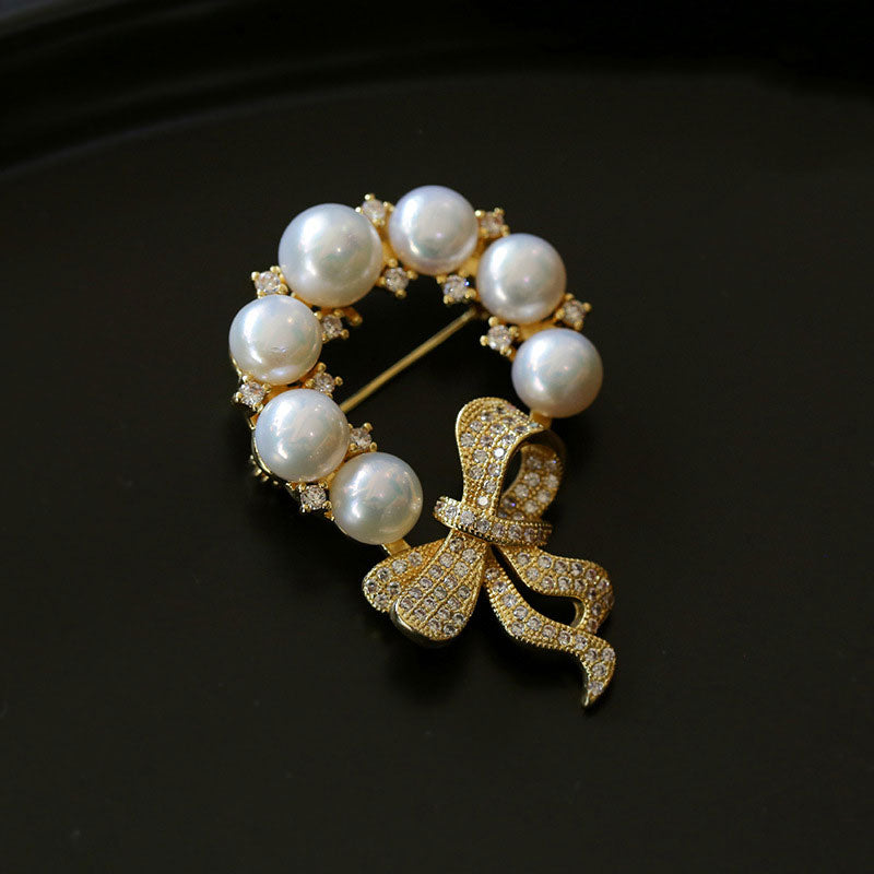18K Gold Plated Cubic Zirconia Ribbon Bow Freshwater Pearl Circle Brooch