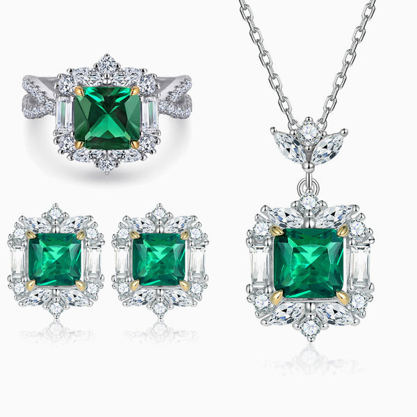 18K Gold Plated Emerald Cubic Zirconia Halo Cluster Sterling Silver Jewelry Set