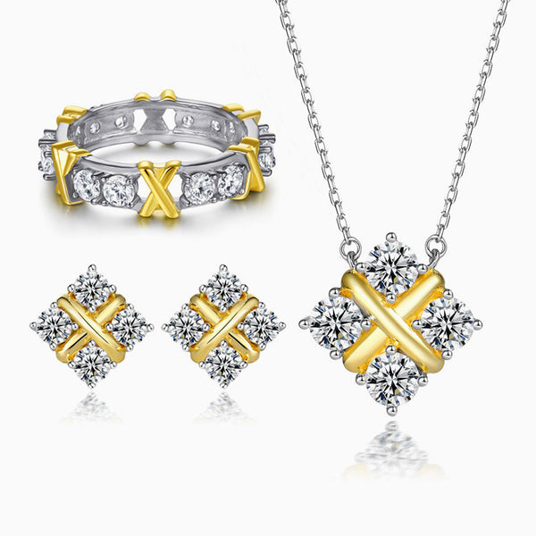 18K Gold Plated Letter X Two Tone Cubic Zirconia Sterling Silver Jewelry Set