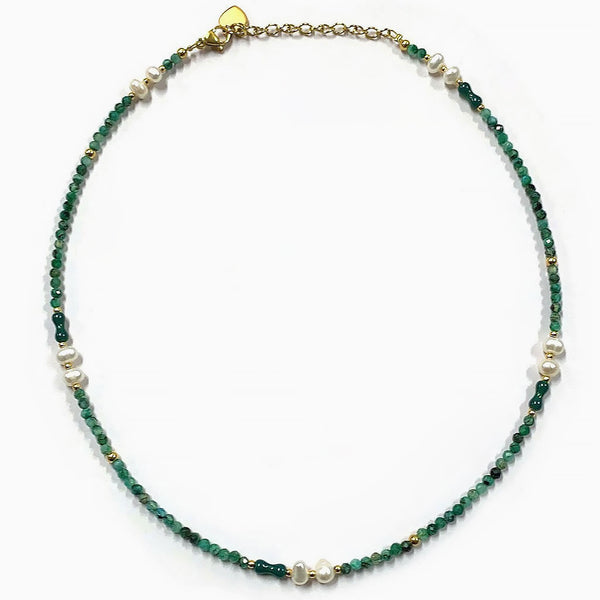 18K Gold Plated Natural Green Stone Spaced Pearl Bead Choker Necklace