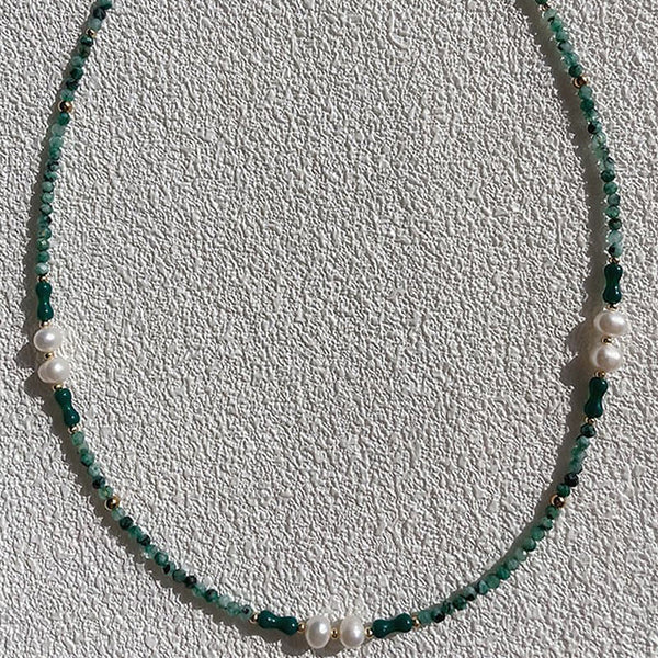 18K Gold Plated Natural Green Stone Spaced Pearl Bead Choker Necklace