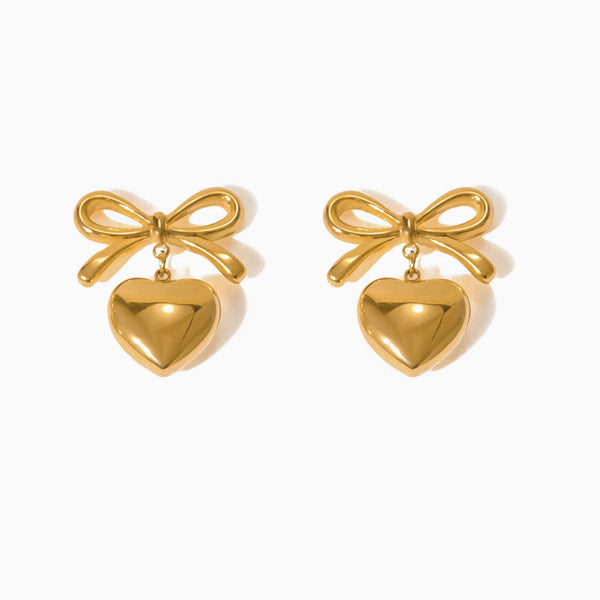 18K Gold Plated Ribbon Bow Knot Puffy Sweet Heart Dangle Earrings