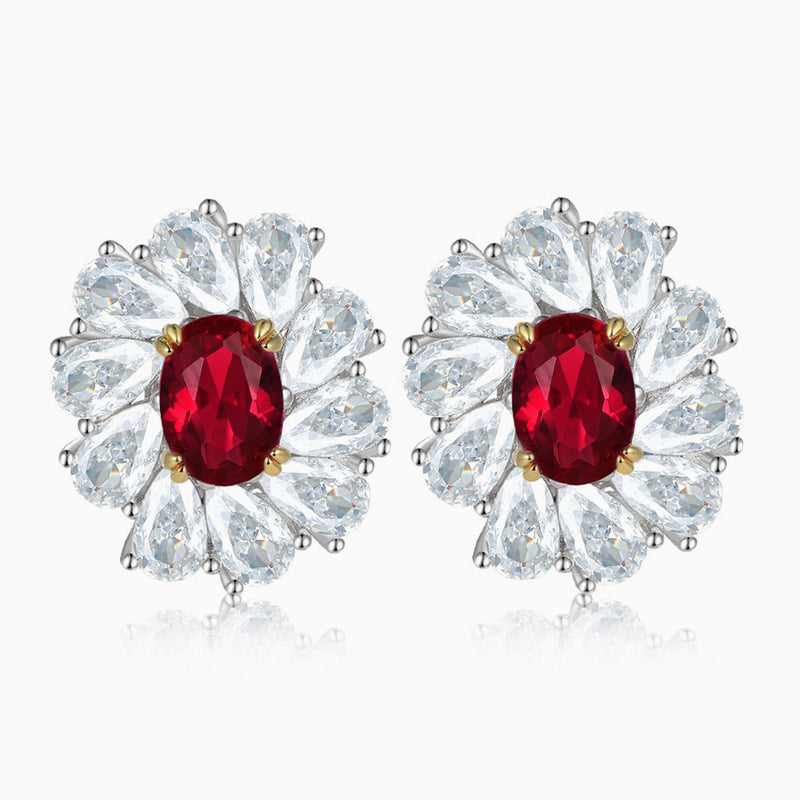 18K Gold Plated Ruby Cubic Zirconia Flower Halo Sterling Silver Jewelry Set