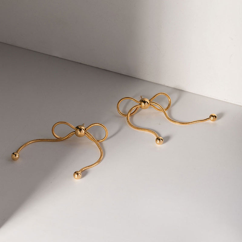 18K Gold Plated Snake Chain Polished Oversized Bow Knot Earrings