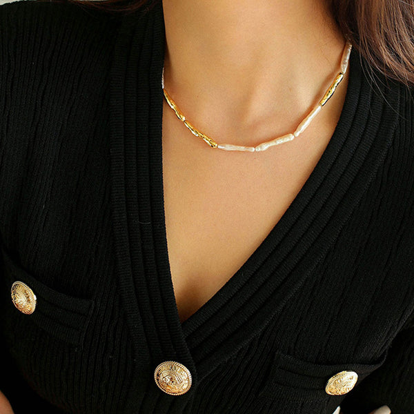18K Gold Plated Two Tone Natural Baroque Stick Pearl Choker Necklace