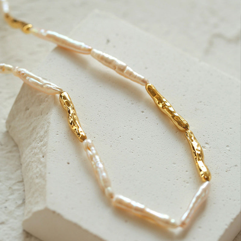 18K Gold Plated Two Tone Natural Baroque Stick Pearl Choker Necklace
