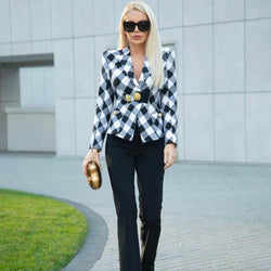 20s Contrast Plaid Print Embossed Button Belted Cinched Waist Tailored Blazer