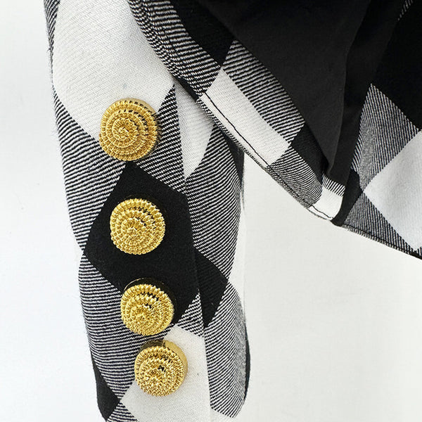 20s Contrast Plaid Print Embossed Button Belted Cinched Waist Tailored Blazer