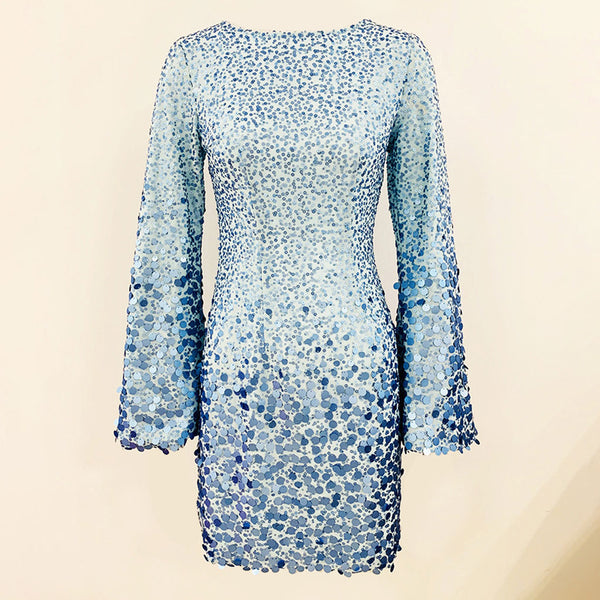 Sparkly Sequin Embellished Round Neck Flare Long Sleeve Mini Party Dress