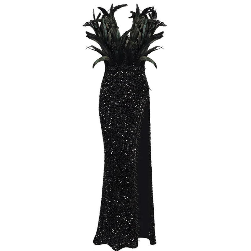 Classy Front Slit Semi Sheer Sequin Mermaid Maxi Dress - Black – Luxedress