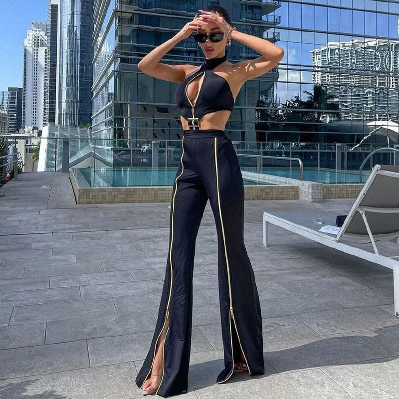 Edgy Buckle Cutout Backless High Neck Bodysuit and Zip Design Flare Leg Pants Matching Set